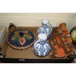 BOX CONTAINING TWO BLUE AND WHITE CONTINENTAL POTTERY DISHES AND A FURTHER DISH
