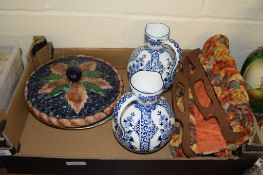 BOX CONTAINING TWO BLUE AND WHITE CONTINENTAL POTTERY DISHES AND A FURTHER DISH