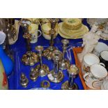 PAIR OF PLATED CANDELABRA AND OTHER SILVER PLATED CANDLESTICKS