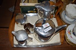 MID-20TH CENTURY DECO STYLE TEA SET, ENGRAVED PICQUOT WARE, COMPRISING TEA POT, COFFEE POT, BOTH