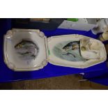 GROUP OF CONTINENTAL CHINA DECORATED WITH FISH INCLUDING SET OF 12 QUATRELOBE SHAPED DISHES WITH
