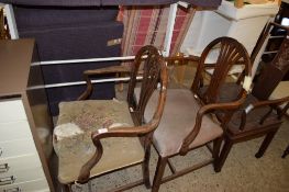 TWO HEPPLEWHITE STYLE CARVER CHAIRS AND A FURTHER ORIENTAL CARVER CHAIR