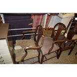 TWO HEPPLEWHITE STYLE CARVER CHAIRS AND A FURTHER ORIENTAL CARVER CHAIR