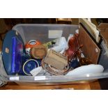 PLASTIC BOX CONTAINING CERAMICS AND DISHES INCLUDING A CARNIVAL GLASS DISH ON FOUR FEET