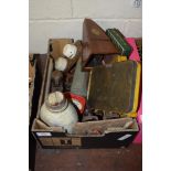 BOX CONTAINING VARIOUS TINS FOR SELF-TAPPING SCREWS, OLD STYLE EXTINGUISHER AND LIGHT FITTING