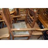 EARLY 20TH CENTURY OAK CARVER CHAIR AND FURTHER RUSH SEATED CARVER CHAIR