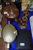 PLATED BOWL WITH METAL COVER AND COPPER KETTLE AND VARIOUS CANDLESTICKS, PLUS PLATED FLATWARES IN