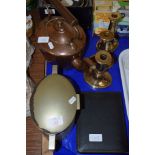 PLATED BOWL WITH METAL COVER AND COPPER KETTLE AND VARIOUS CANDLESTICKS, PLUS PLATED FLATWARES IN