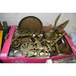 BOX CONTAINING BRASS WARES INCLUDING MODELS OF HORSES AND AN EAGLE AND SOME OLD BRASS SHELL CASES