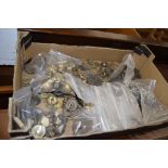 BOX OF VARIOUS DOOR FURNITURE, ESCUTCHEONS, METAL WARE ETC