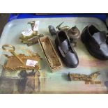 TRAY CONTAINING PLATED ITEMS AND SMALL PAIR OF CHILDREN’S LEATHER CLOGS