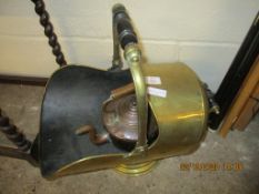 BRASS COAL HELMET AND A COPPER KETTLE
