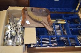 SILVER PLATED CUTLERY, CRUMB SCOOP AND BRUSH AND VINTAGE OAK CANTEEN OF CUTLERY BY CROSS BROS OF