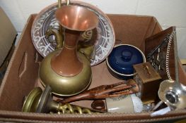 POTTERY AND METAL WARES INCLUDING BRASS CANDLESTICKS AND ELKINGTON PLATE CANDLESTICK ETC