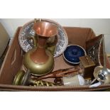 POTTERY AND METAL WARES INCLUDING BRASS CANDLESTICKS AND ELKINGTON PLATE CANDLESTICK ETC