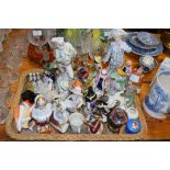 TRAY WITH VARIOUS CERAMICS INCLUDING A DOULTON FIGURE OF PICKWICK AND STAFFORDSHIRE FIGURES OF