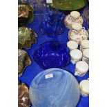 FINNISH ART GLASS BOWL, BLUE GLASS ITEMS AND A GLASS DOME