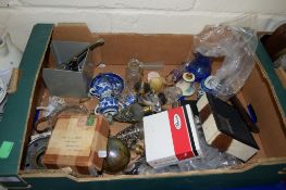 BOX CONTAINING CHINA AND PLATED WARES, GLASS INKWELLS ETC