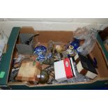 BOX CONTAINING CHINA AND PLATED WARES, GLASS INKWELLS ETC