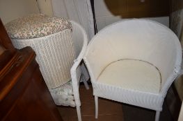 PAIR OF LLOYD LOOM STYLE TUB CHAIRS TOGETHER WITH A LINEN BASKET