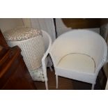 PAIR OF LLOYD LOOM STYLE TUB CHAIRS TOGETHER WITH A LINEN BASKET