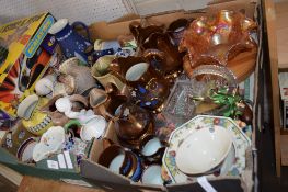 TWO BOXES OF HOUSEHOLD CHINA AND GLASS WARES TO INCLUDE CARNIVAL GLASS, LUSTRE JUGS ETC
