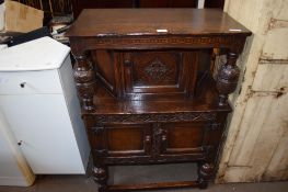 OAK COURT CUPBOARD OF TYPICAL FASHION WITH INLAID DECORATION, WIDTH APPROX 74CM