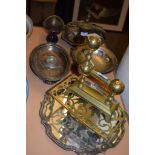 BRASS TRIVET AND SILVER PLATED SHAPED TRAY AND OTHER METAL ITEMS