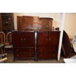 STAG REPRODUCTION FOUR PIECE BEDROOM SUITE COMPRISING BEDSTEAD, WARDROBE AND TWO TALLBOYS