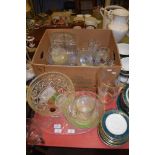 TRAY CONTAINING VARIOUS CUT GLASS ITEMS INCLUDING A FRUIT BOWL PLUS A BOX OF GLASS WARES