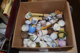 BOX CONTAINING QUANTITY OF EGG CUPS AND SOME BONE HANDLED FLATWARE