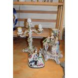 CONTINENTAL STYLE CANDELABRA, TWO PORCELAIN GROUPS