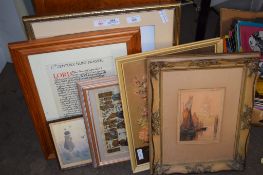 GROUP OF PICTURES, SOME FLORAL PRINTS AND WATERCOLOUR OF BARGES ON THE THAMES