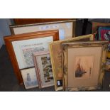 GROUP OF PICTURES, SOME FLORAL PRINTS AND WATERCOLOUR OF BARGES ON THE THAMES