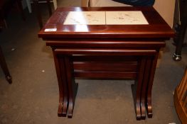 MODERN NEST OF THREE SMALL TILE TOP TABLES, LARGEST LENGTH APPROX 45CM