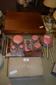 SEWING BOX SET AND A DRESSING TABLE SET WITH A PINK GUILLOCHE ENAMEL EFFECT BACKING