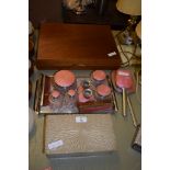 SEWING BOX SET AND A DRESSING TABLE SET WITH A PINK GUILLOCHE ENAMEL EFFECT BACKING