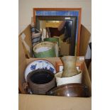 TWO BOXES CONTAINING VARIOUS ITEMS OF METAL WARES, COPPER BOWL, SOME POTTERY AND SOME SILVER