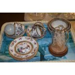 TRAY WITH LATE VICTORIAN POTTERY ITEMS AND A GLASS MODEL OF A SHIP