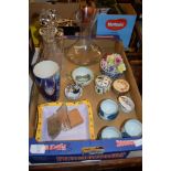 BOX CONTAINING VARIOUS CHINA AND GLASS WARE INCLUDING TWO CUT GLASS DECANTERS WITH STOPPERS