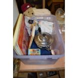 PLASTIC BOX CONTAINING A SILVER METAL TEA POT, A TOY DOLL, SOME LPS