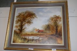 FRAMED PAINTING OF A COTTAGE, WIDTH APPROX 63CM