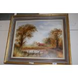 FRAMED PAINTING OF A COTTAGE, WIDTH APPROX 63CM