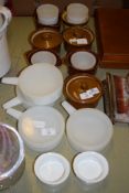 SET OF SMALL POTTERY COOKERY WARES INCLUDING DISHES AND COVERS