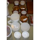 SET OF SMALL POTTERY COOKERY WARES INCLUDING DISHES AND COVERS