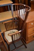 19TH CENTURY ELM LATH BACKED WINDSOR CHAIR WITH NEEDLEWORK UPHOLSTERED SEAT