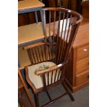 19TH CENTURY ELM LATH BACKED WINDSOR CHAIR WITH NEEDLEWORK UPHOLSTERED SEAT