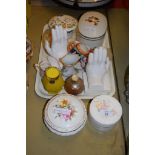 TRAY CONTAINING VARIOUS CHINA INCLUDING TWO CHINA MODELS OF HANDS ETC, COALPORT BOX AND COVER