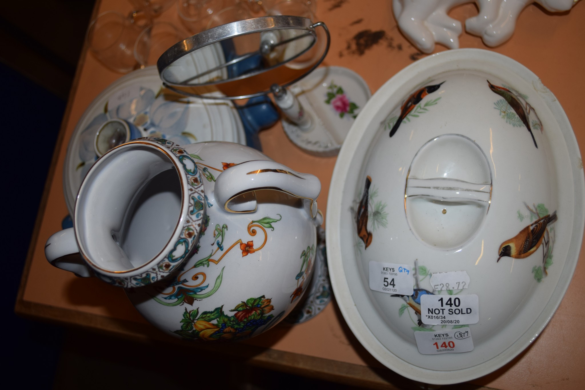 CERAMIC CASSEROLE AND COVER, VASE WITH FRUIT DECORATION