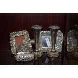 QUANTITY OF VARIOUS SILVER PLATED WARES INCLUDING CANDLESTICKS, PHOTO FRAME, MIRROR ETC
